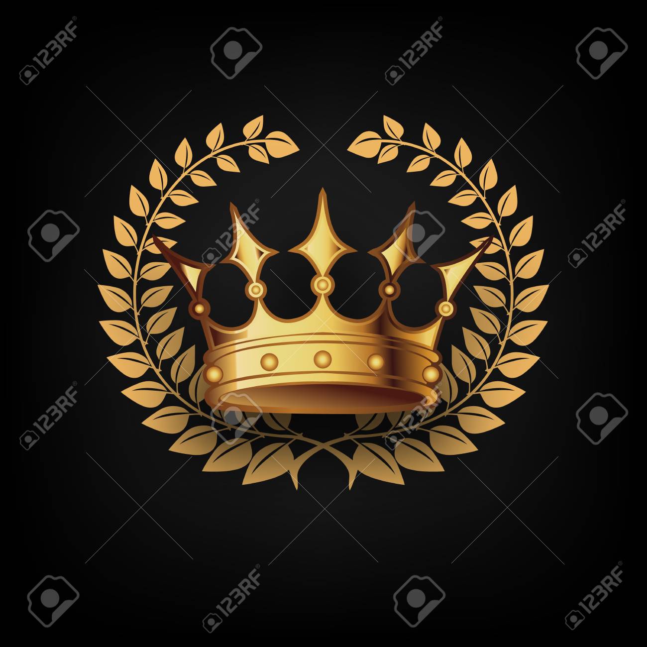 Golden Royal Crown With Laulel Wreath On Black Background Vector
