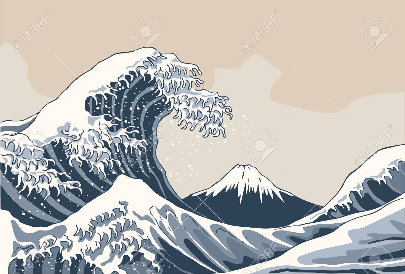 The Great Wave Japan Background Hand Drawn Illustration Royalty
