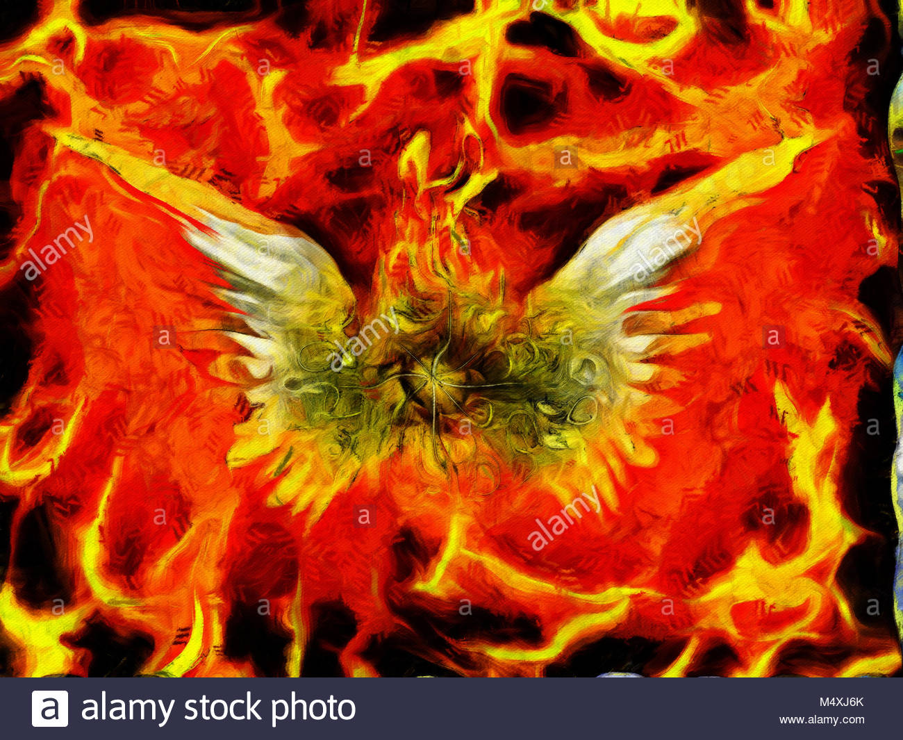 Surreal Painting Burning Eye With Wings Flaming Background Stock