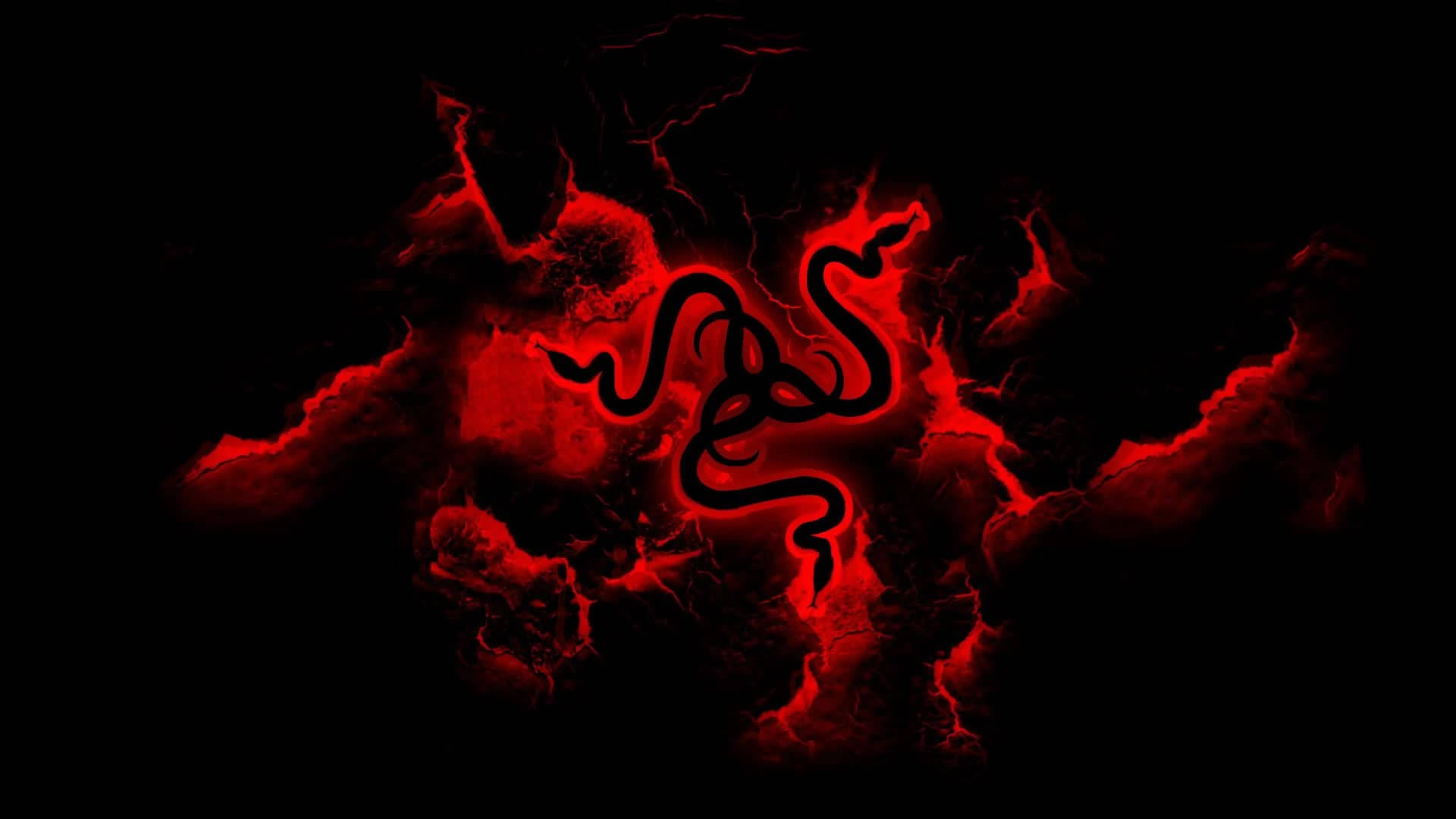 A vibrant live wallpaper featuring a stylized red and black Razer logo, reminiscent of glowing embers or lava cracks