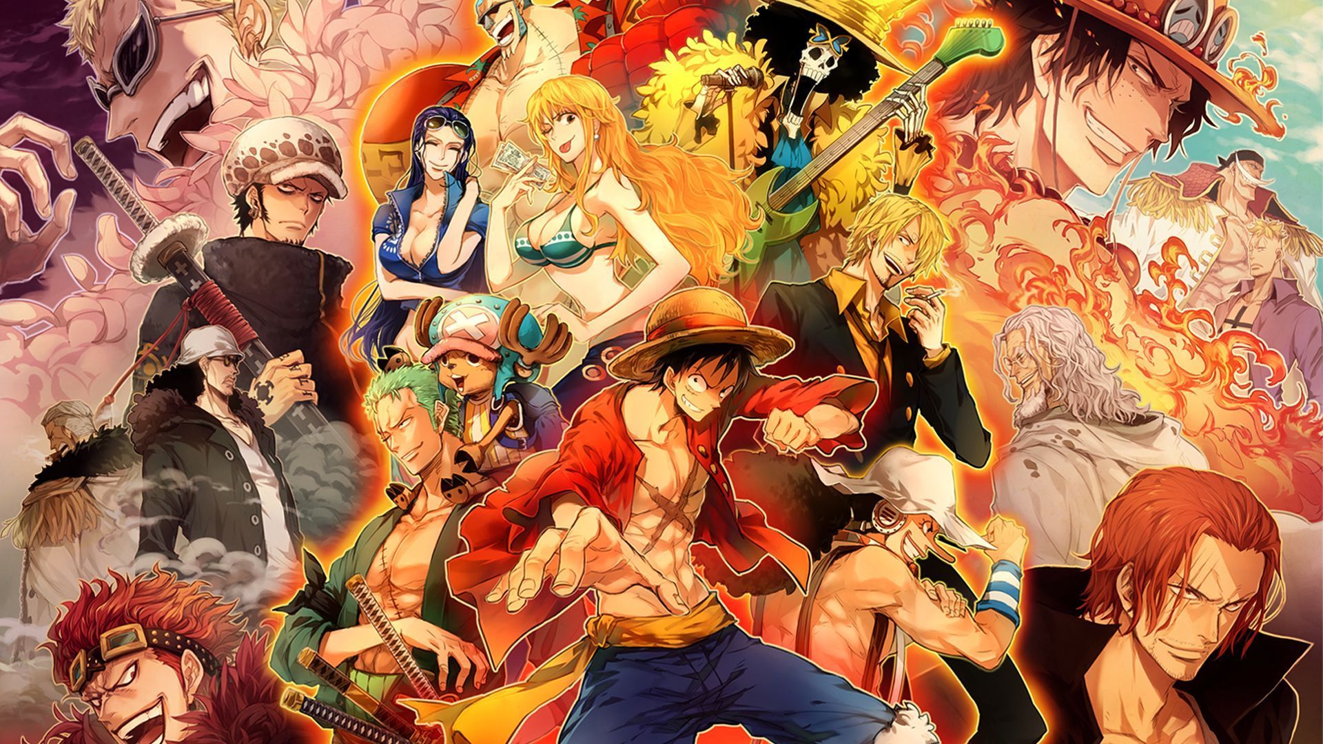 A vibrant collage of One Piece characters in 4k, featuring Luffy, Zoro, Nami, Sanji, and other popular Straw Hats and allies