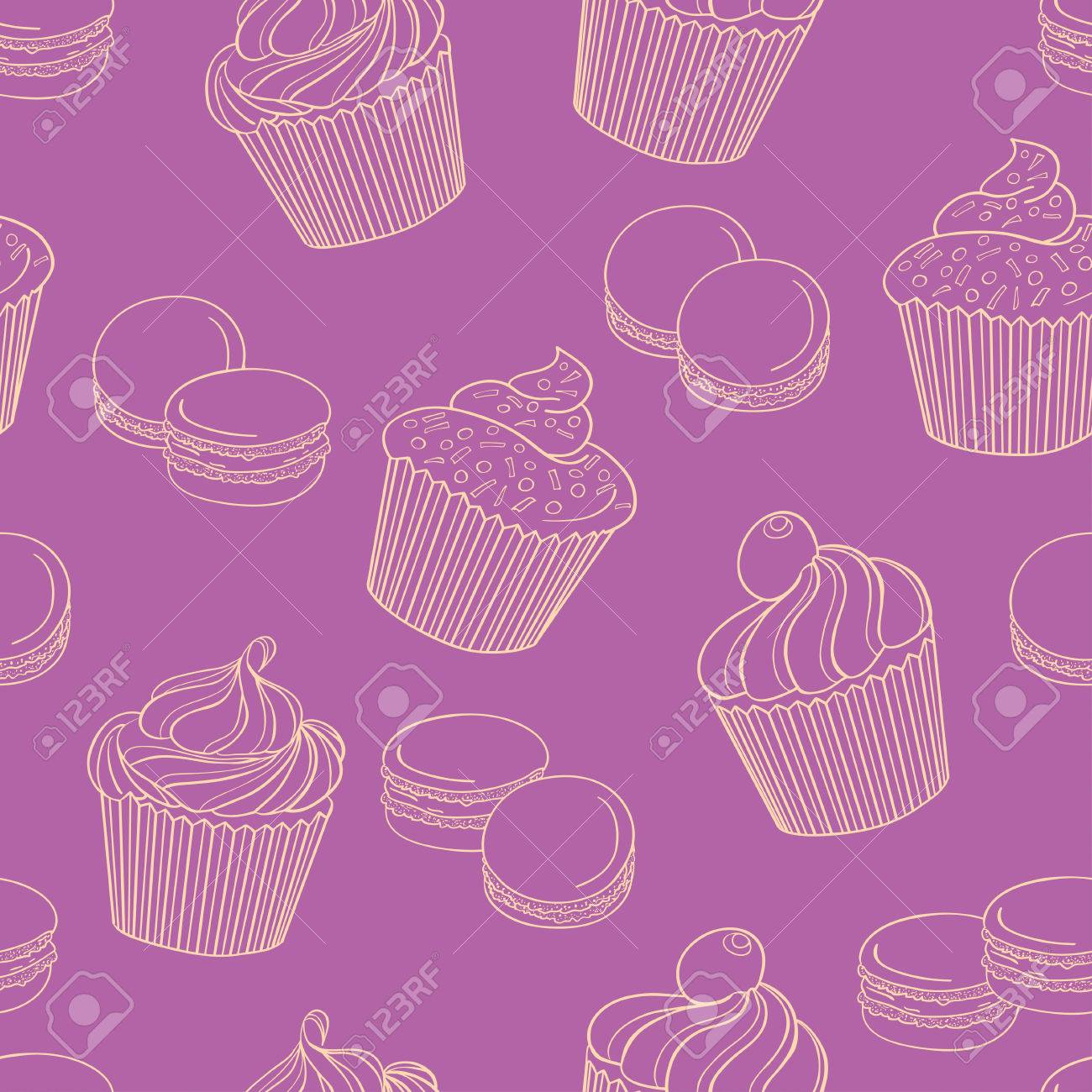 Delicious Cupcakes With Macaroons On Purple Background Seamless