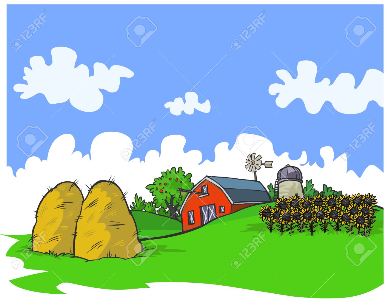 Рисунок поле со стогами сена для детей
