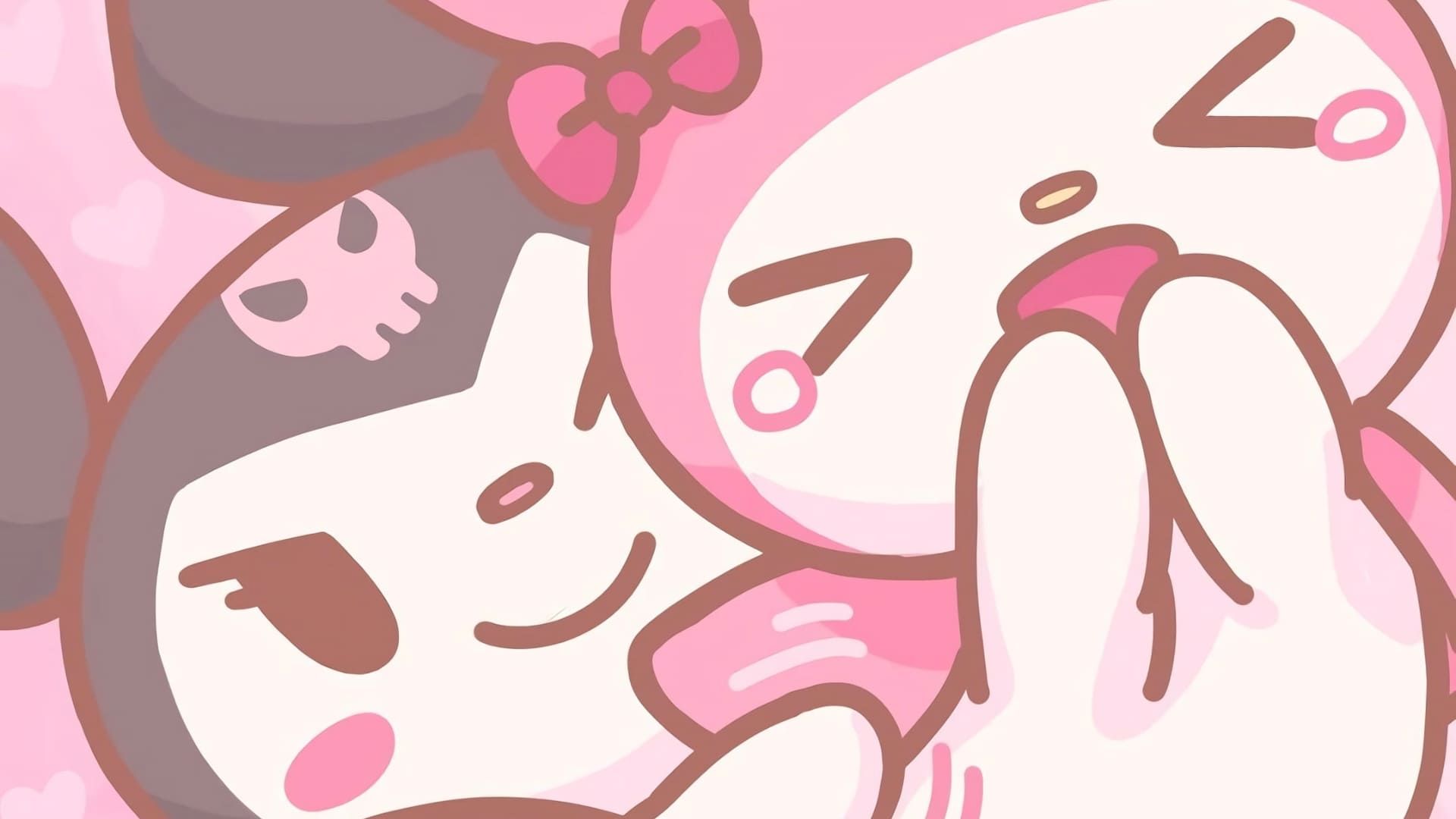 Close-up of Kuromi and My Melody, two popular Sanrio characters. Kuromi, with her black hood and skull, is nestled next to My Melody, identifiable by her pink hood and bow. The pastel pink background adds to the overall kawaii aesthetic