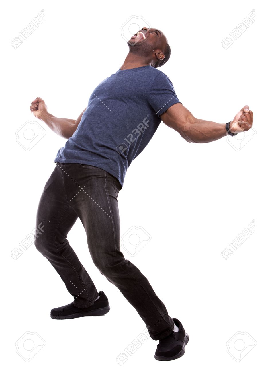 Young Excited Casual Black Man Screaming On White Background Stock