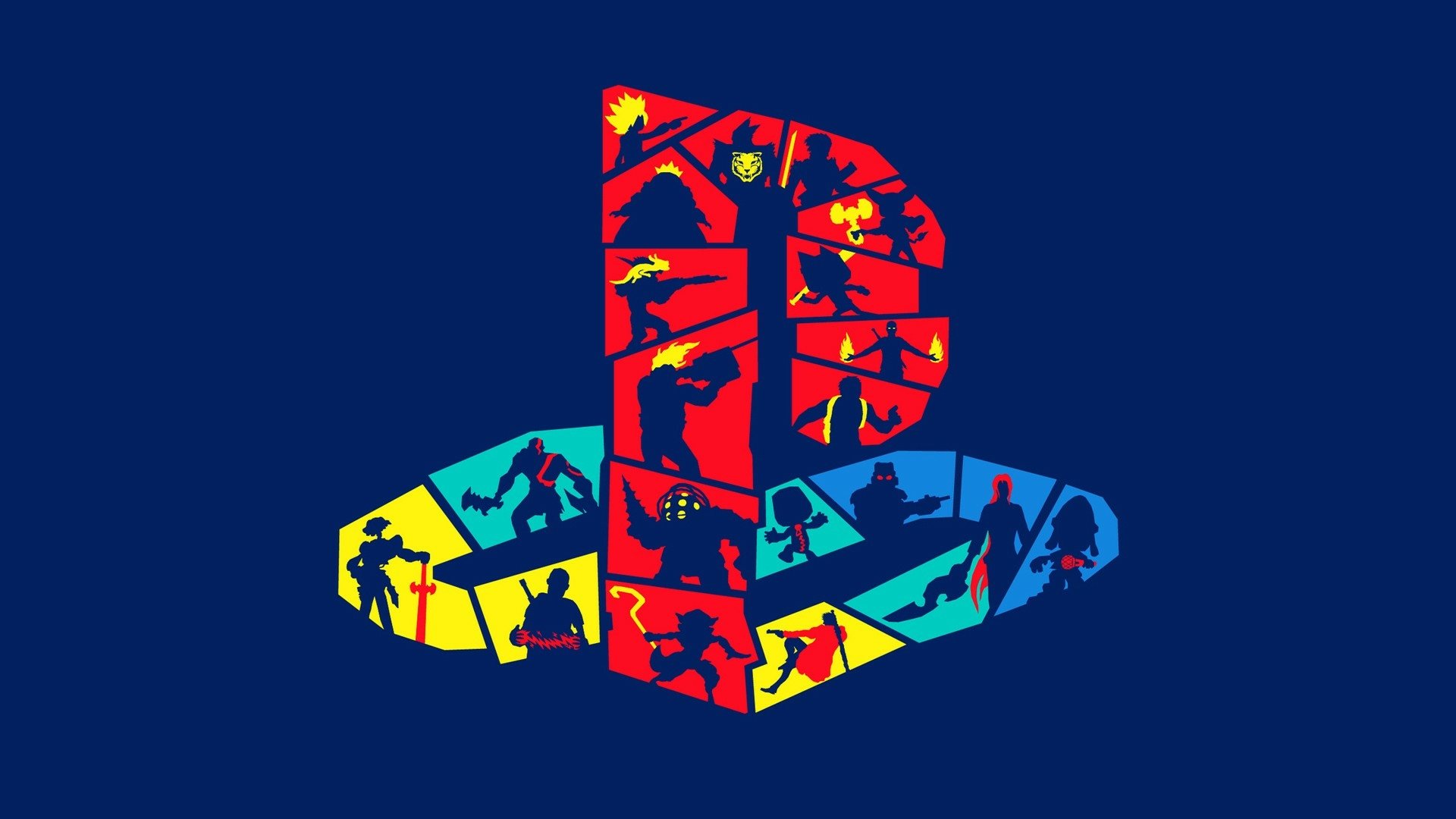 A PlayStation logo stylized with colorful silhouettes of iconic PlayStation characters