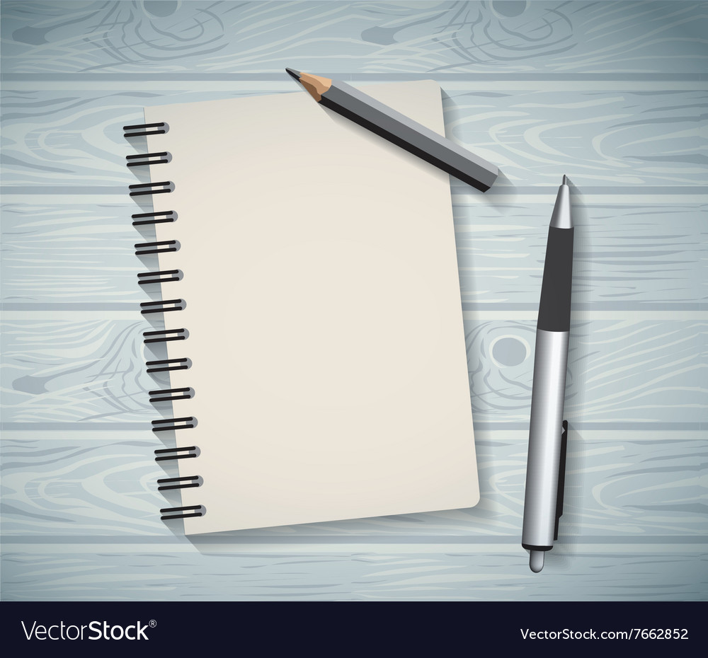 Notepad Objects Wood Background Flat Design Pen Vector Image