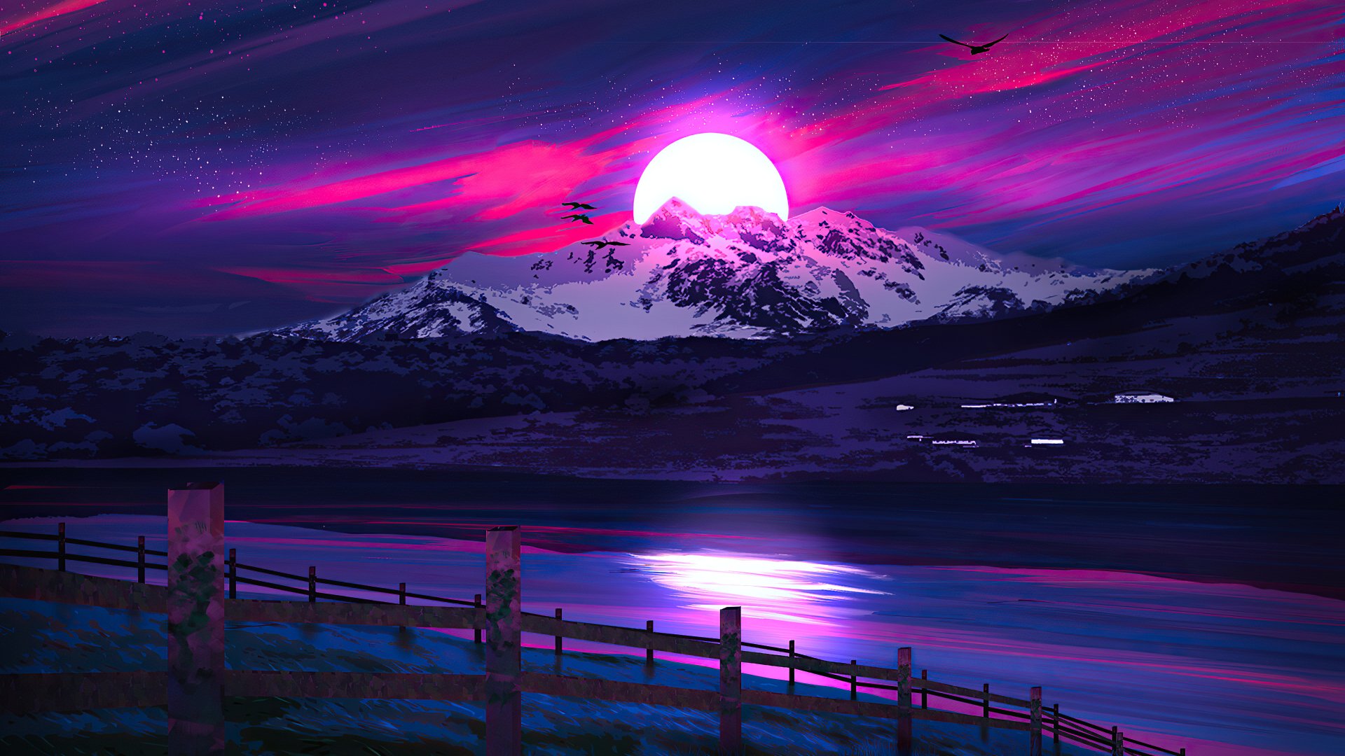 A stunning 4k wallpaper featuring a vibrant sunset over a snow-capped mountain range, reflected in a tranquil lake. A rustic wooden fence leads the eye towards the breathtaking scene