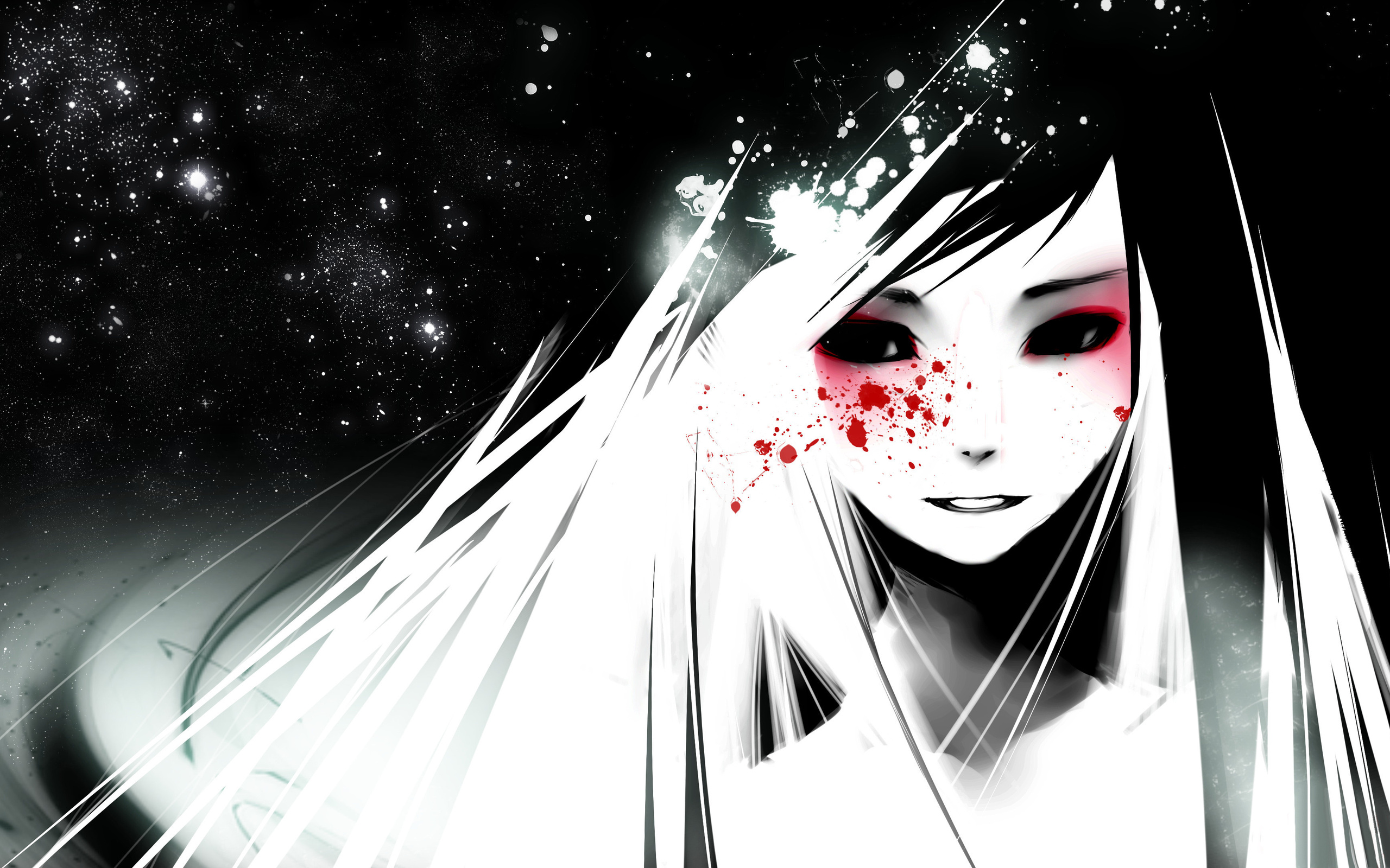 A striking anime-style image of a girl with long white hair and red accents against a starry black background
