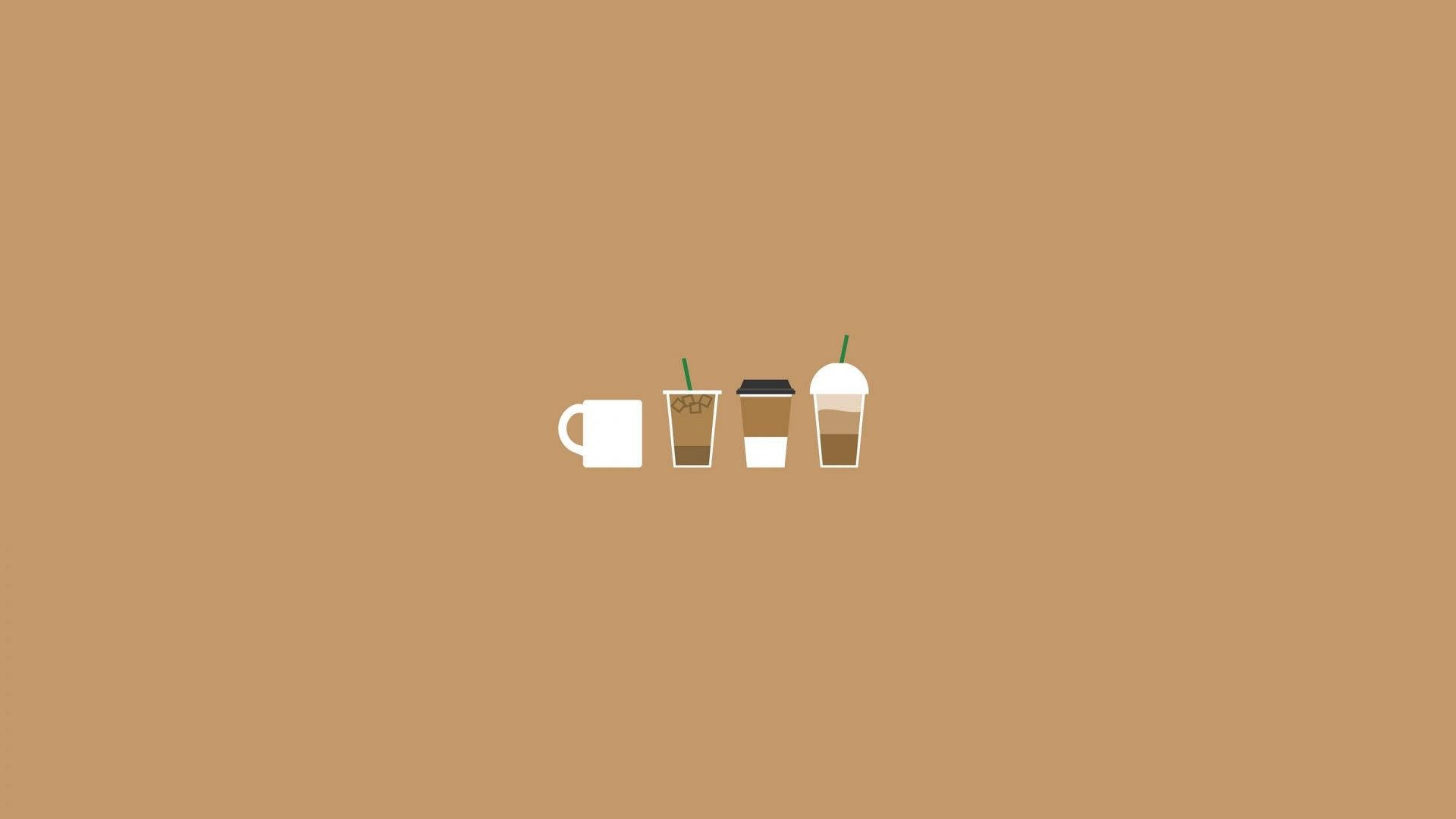 Minimalist coffee wallpaper for computer with a mug, iced coffee, latte, and a frappe