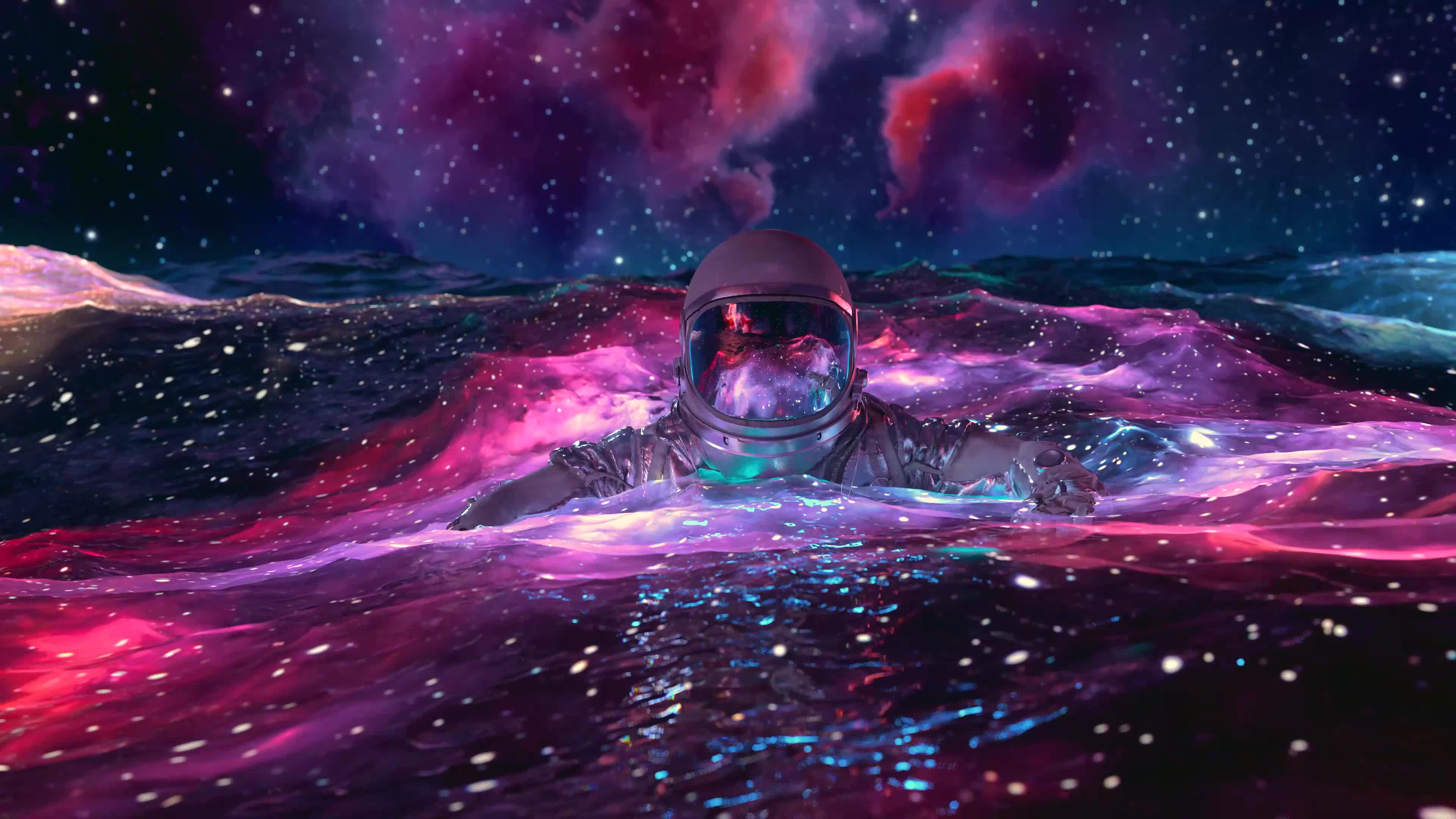 An astronaut swims in a cosmic sea, blending space and water in a surreal live wallpaper