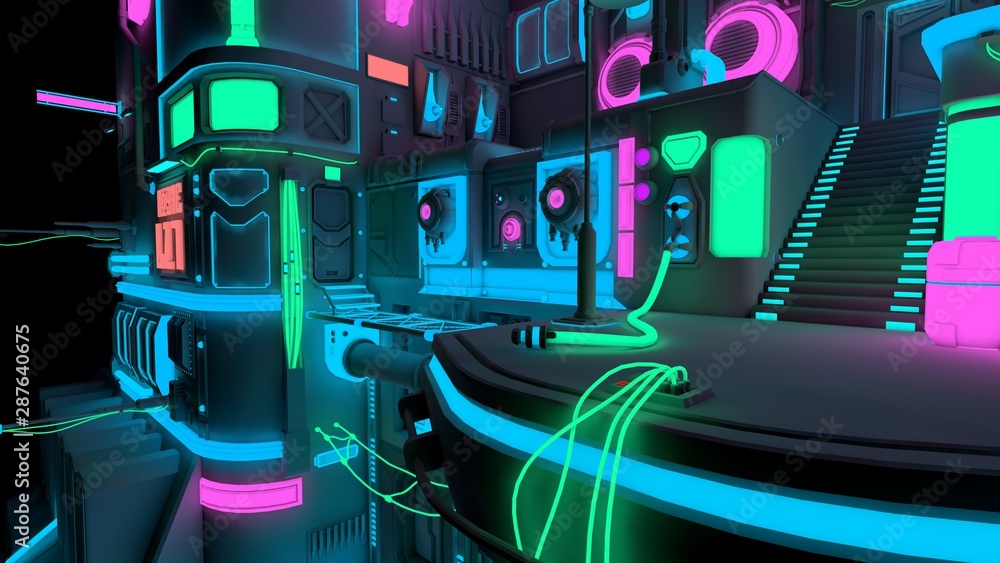 Bright Neon Nigth In A Futuristic City 3d Illustration Style