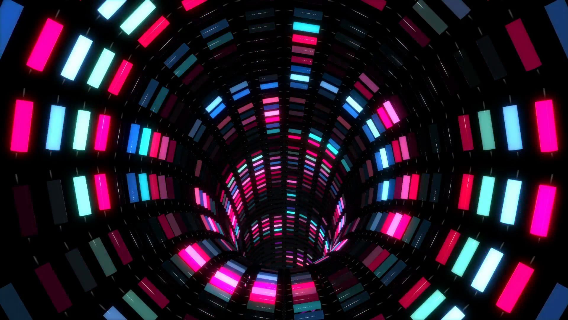 Vivid neon tunnel with glowing rectangular lights, creating a futuristic and vibrant digital art wallpaper