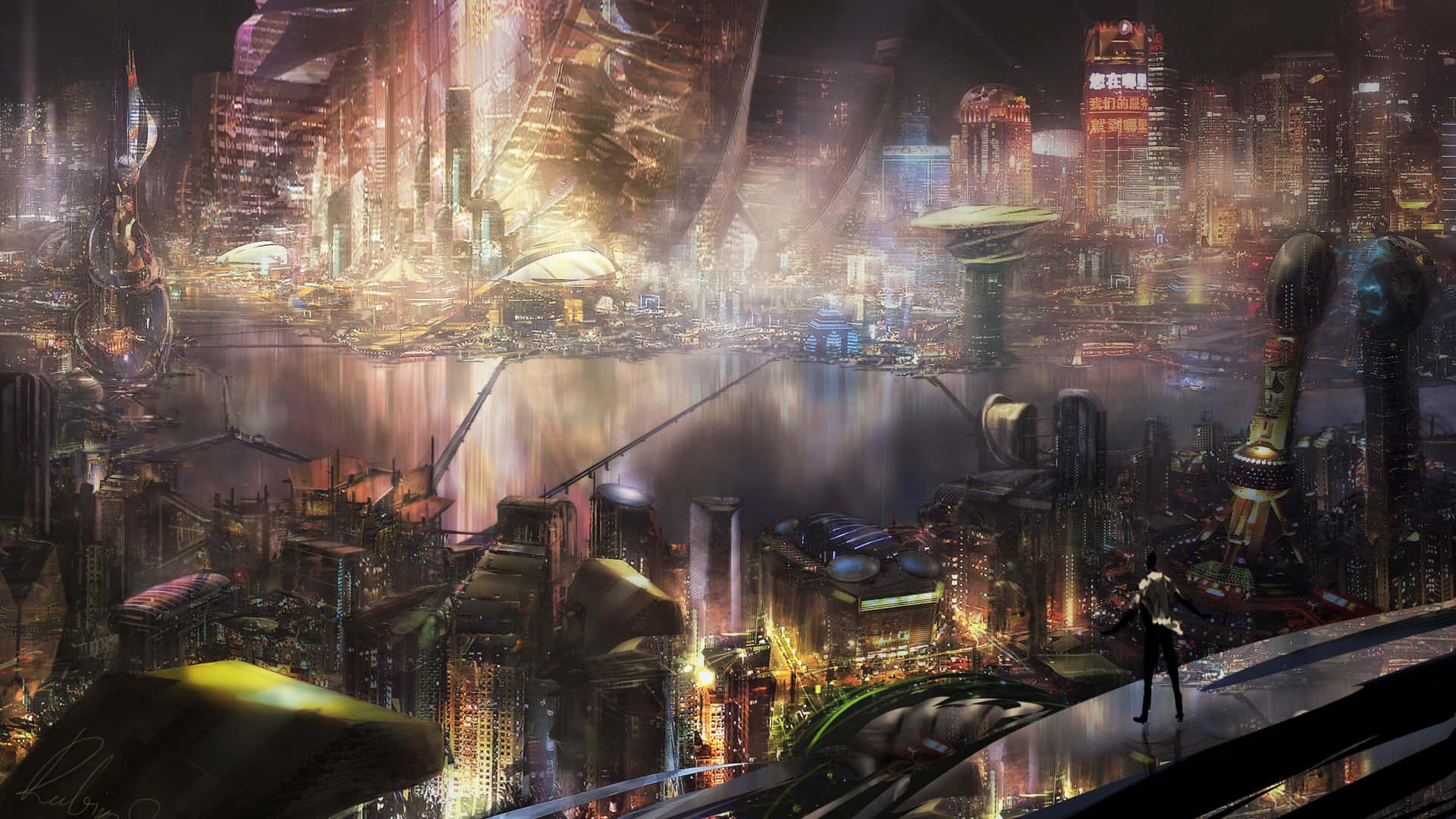 A breathtaking panoramic view of a futuristic cyberpunk city at night, featuring towering skyscrapers, vibrant neon lights, and a lone figure overlooking the cityscape