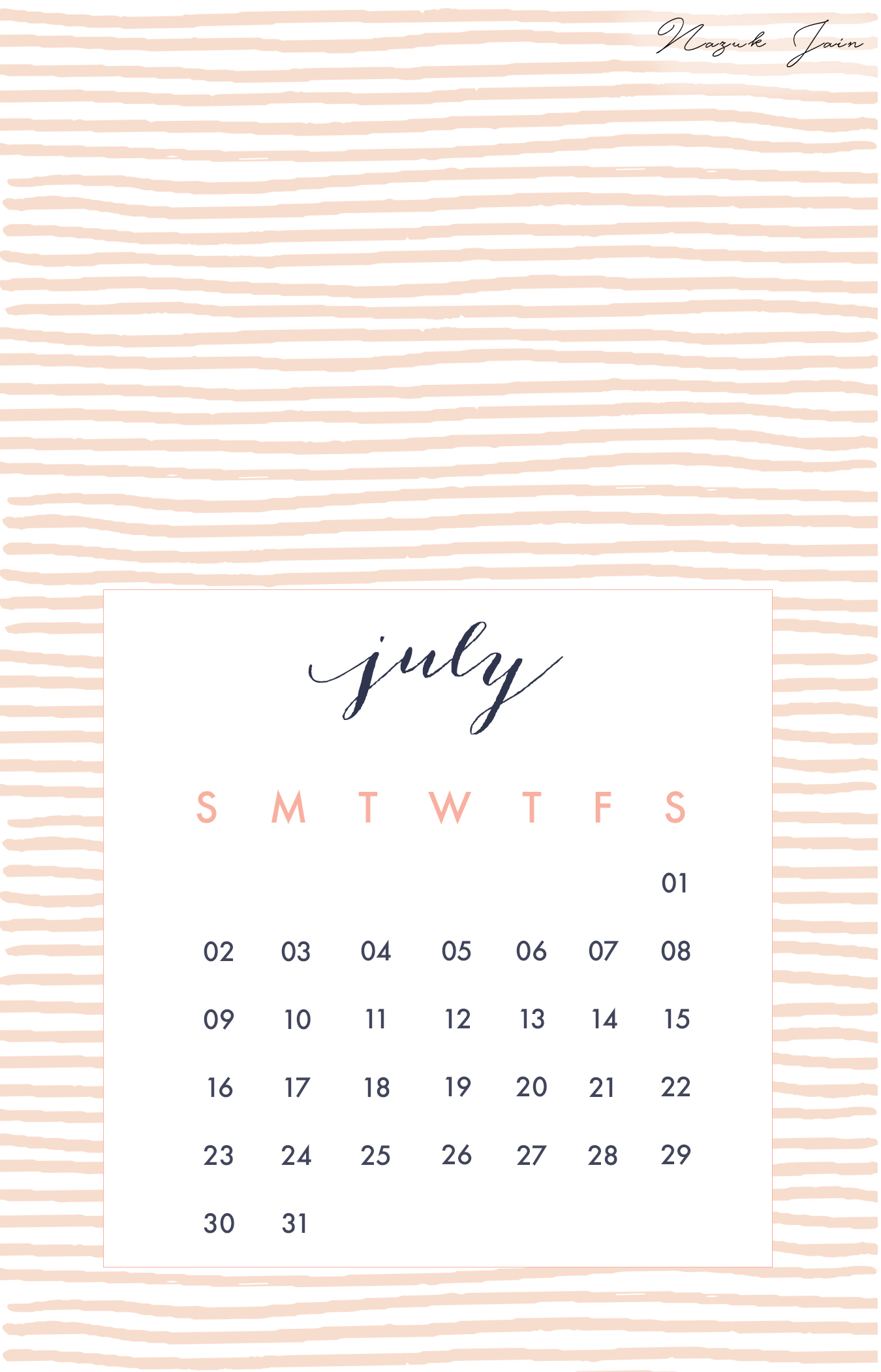 July Calendar Printables By Nazuk Jain