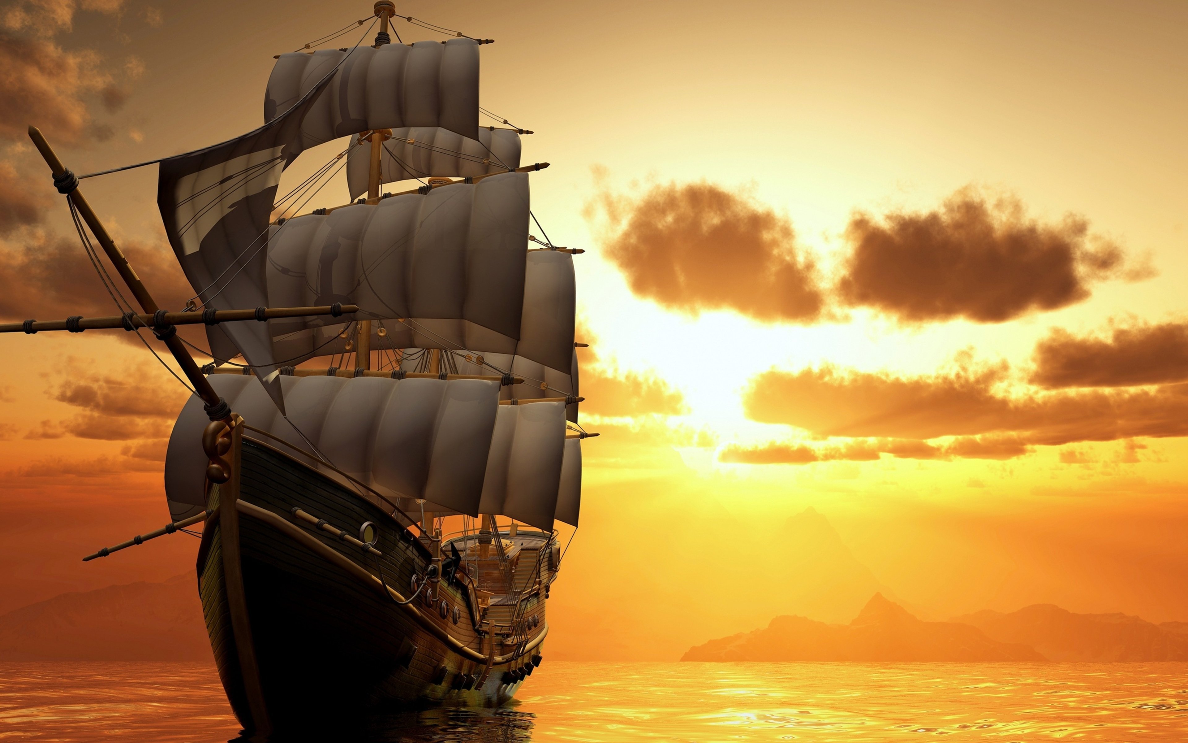 Ship watercrafts sea ocean boats sky clouds sailing sunset sunrise