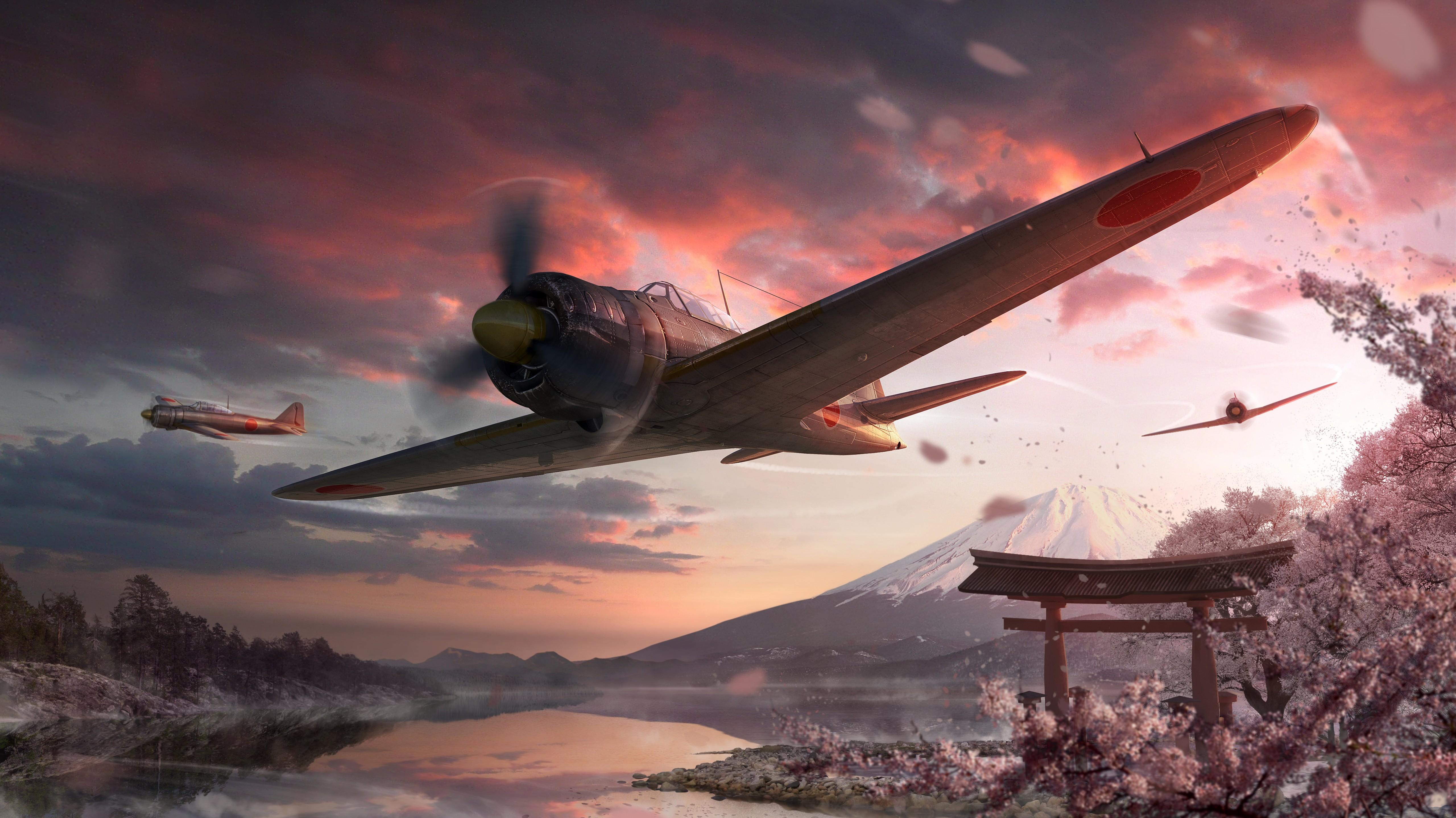 Wallpaper World Of Warplanes Game Mmo Airplane Sakura Sunset