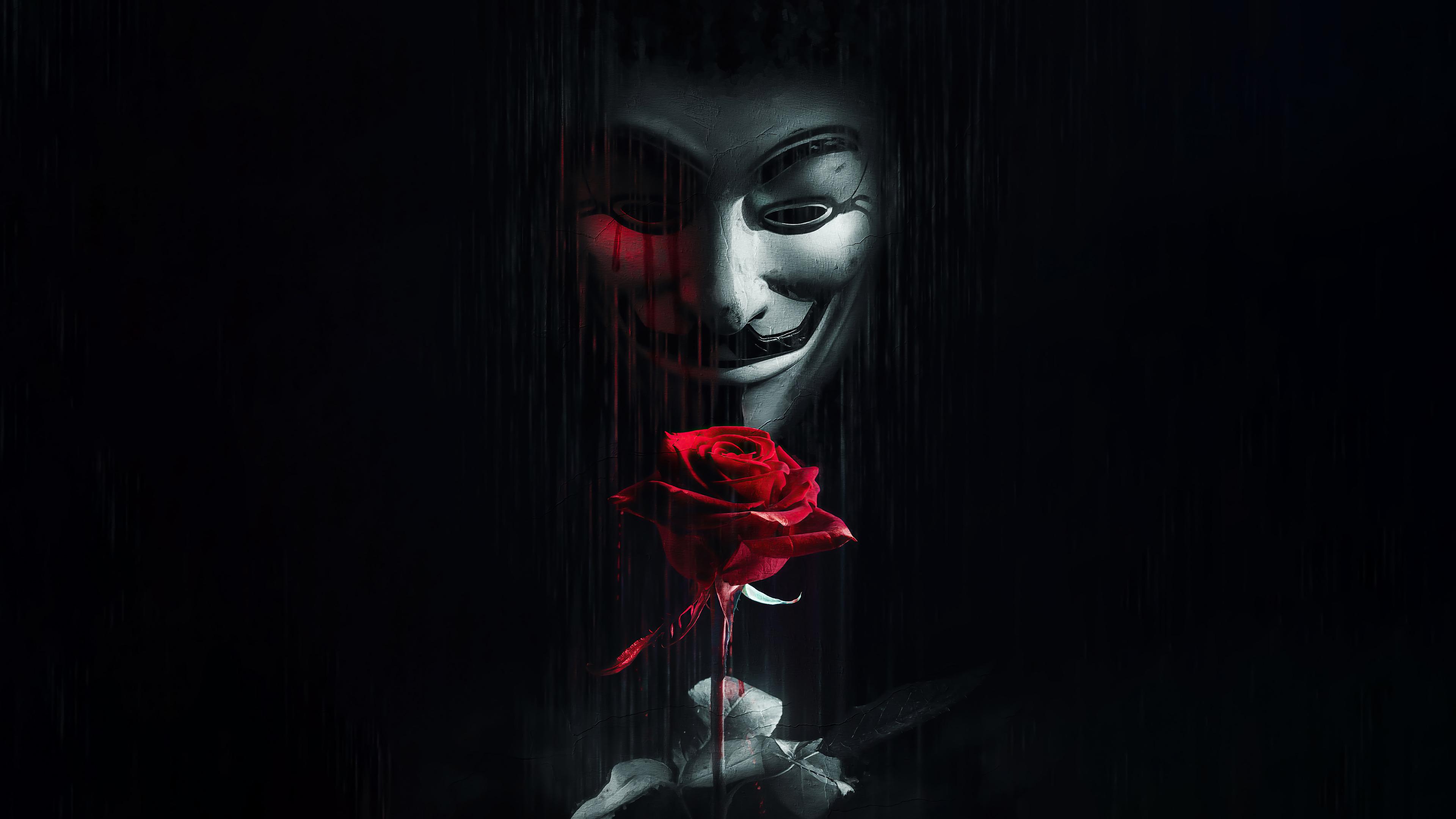 4k Anonymous Mask Red Rose Wallpaper 2390g