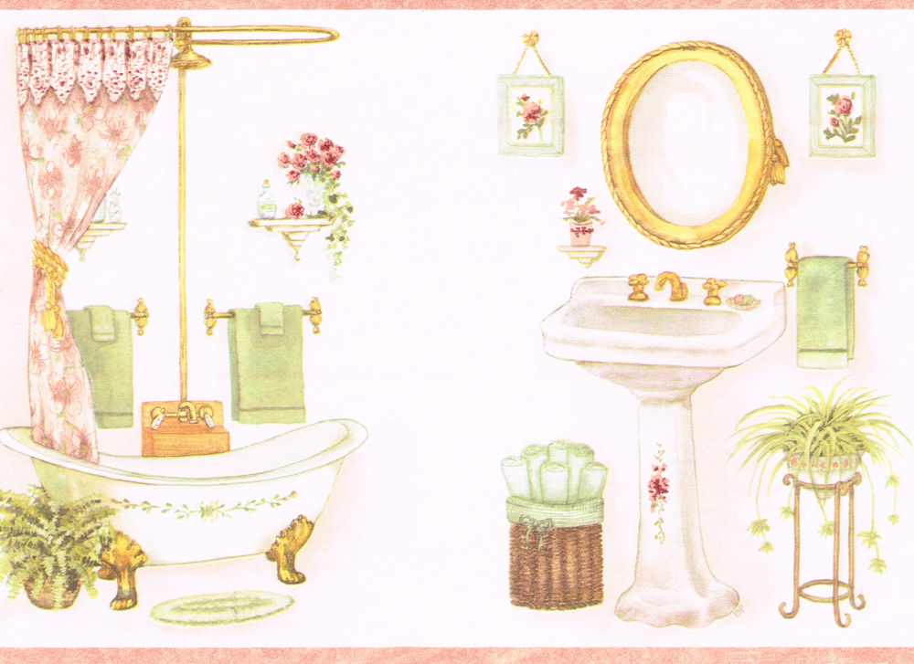 Antique Bath Gold Fixtures Tub Sink Mirrors Planters Wallpaper Border