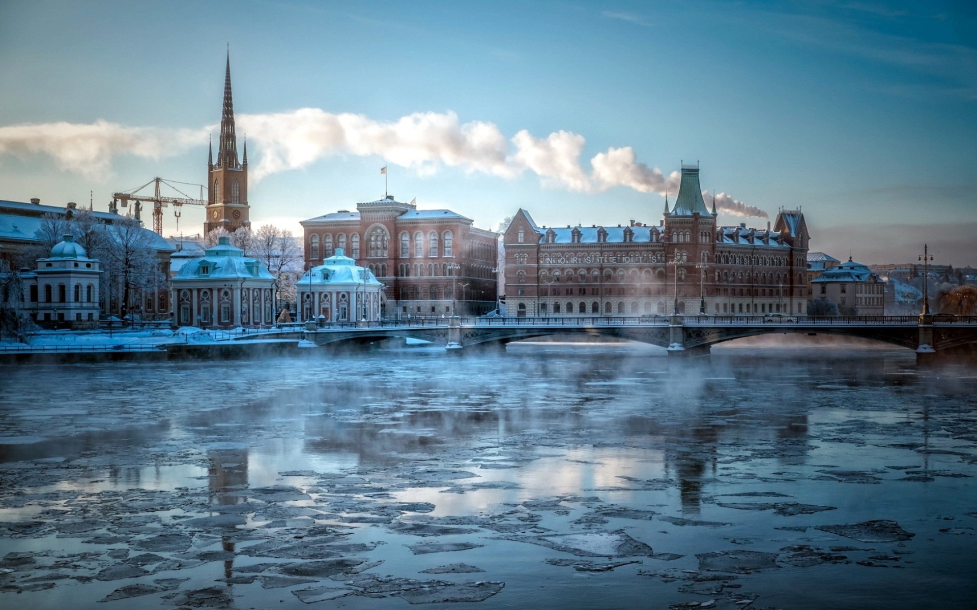 City Stockholm Cities Buildings Winter Ice Rivers Bridge Wallpaper