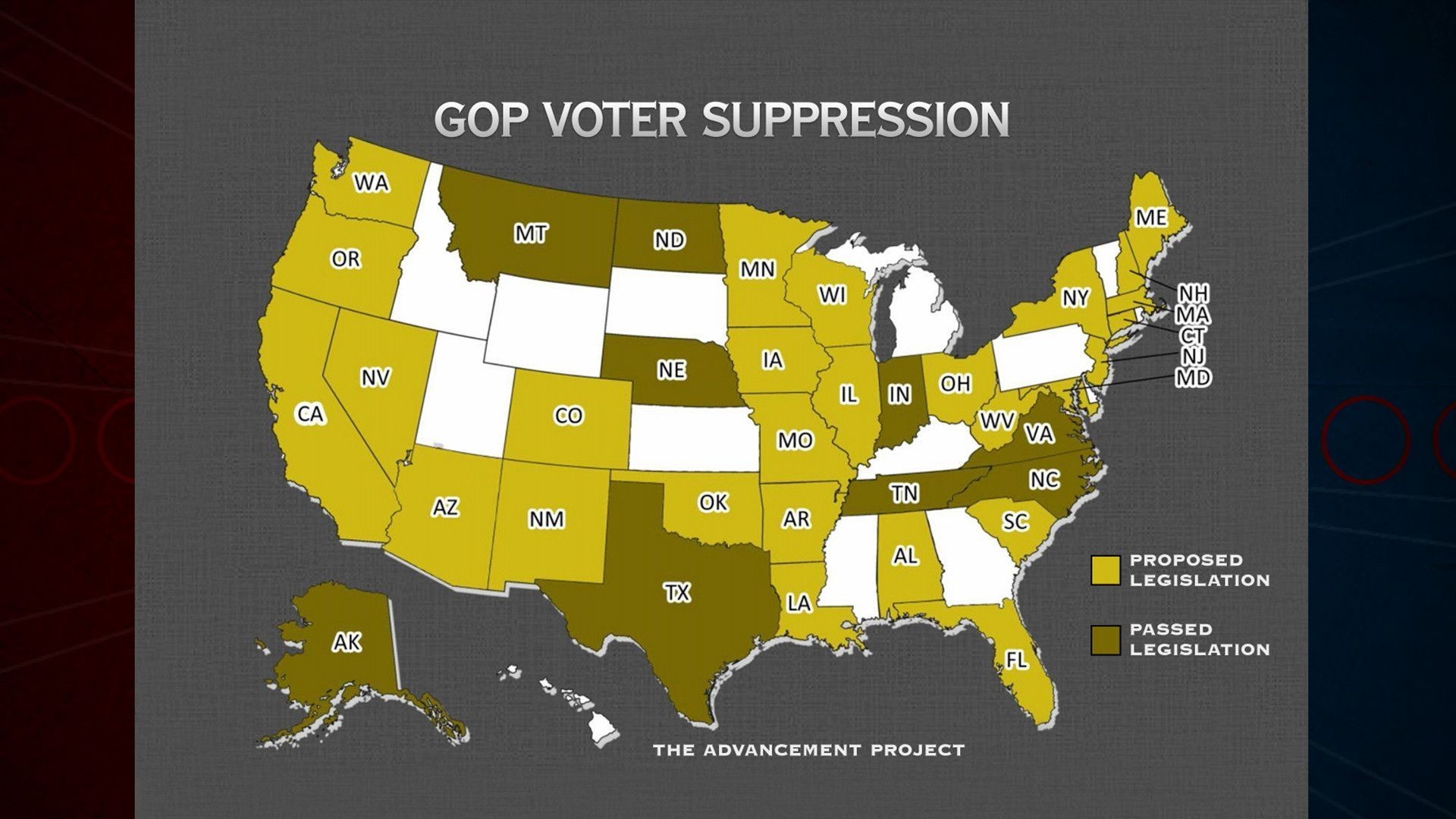 Map of the United States showing states with proposed and passed voter suppression legislation, according to The Advancement Project