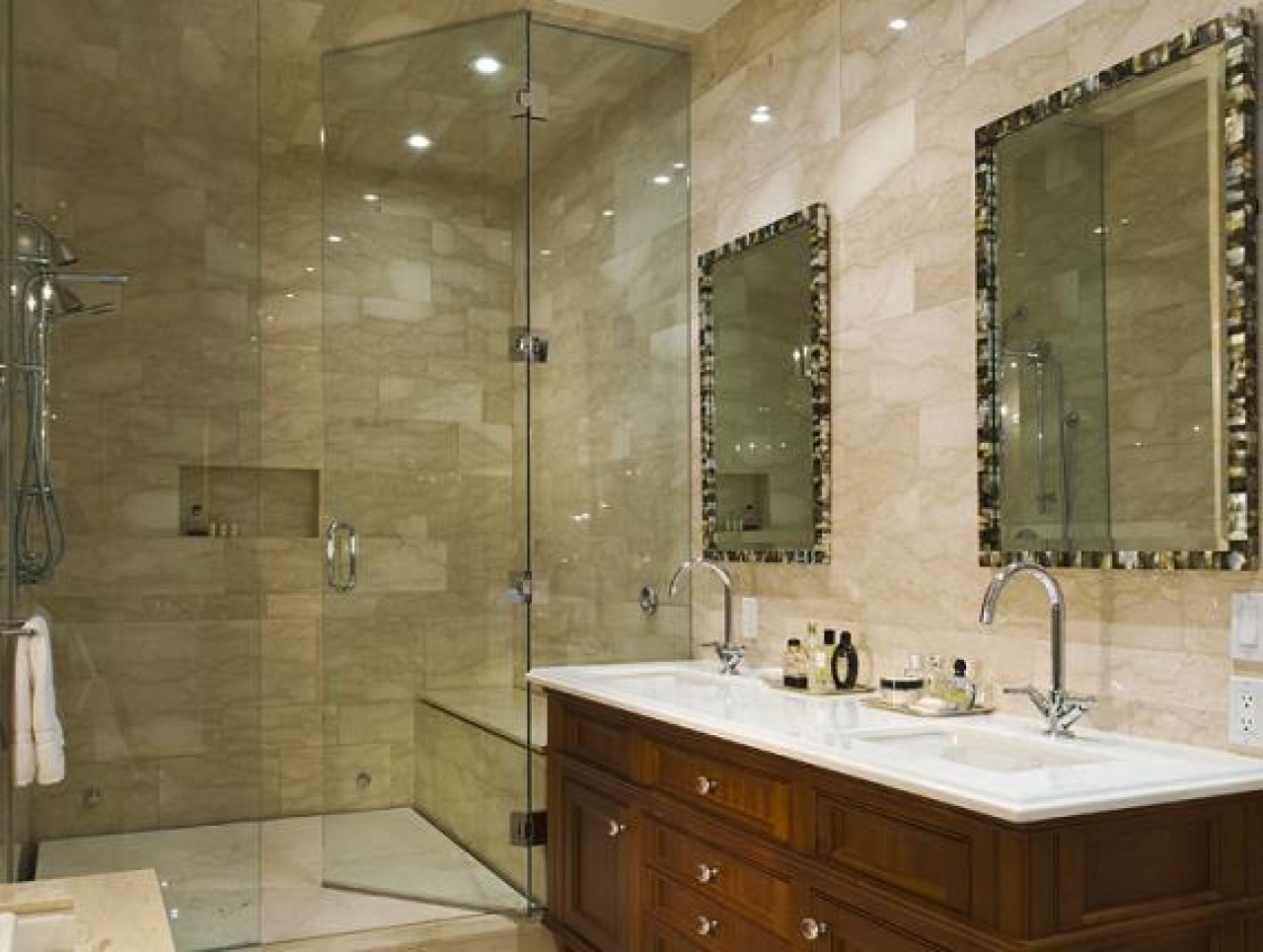 Bathroom Vanity Bronze Crystal Chandelier Gray White Damask Wallpaper