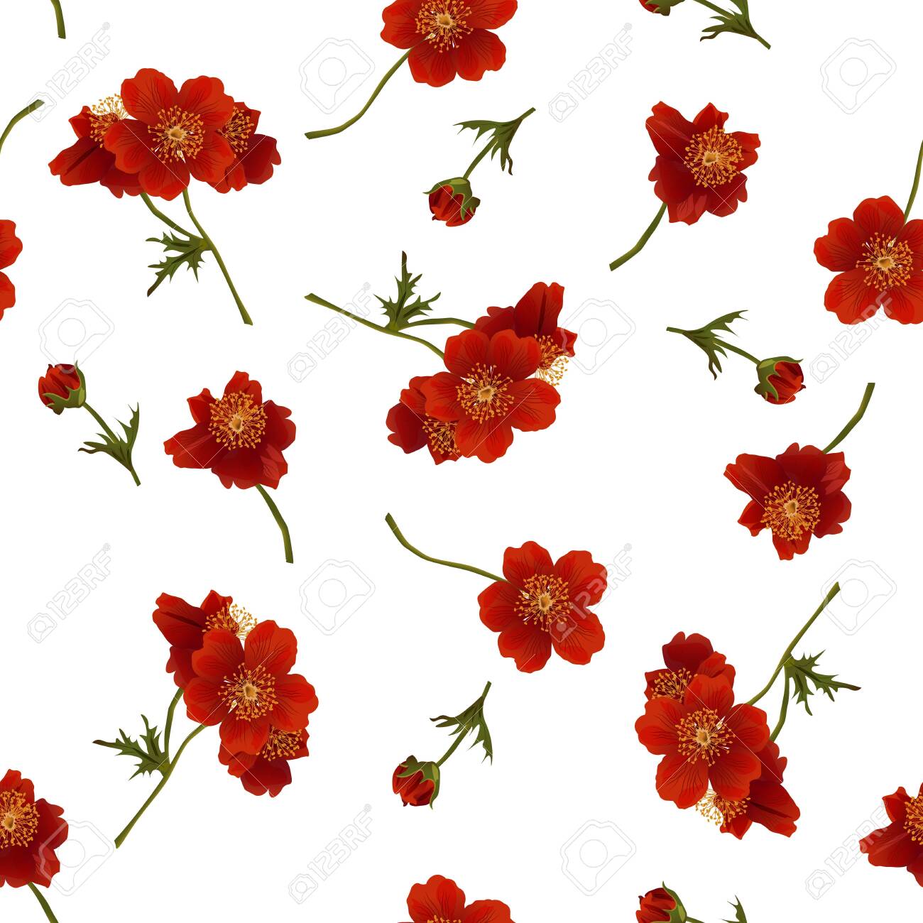 Vector Seamless Pattern With Red Flowers On White Modern Floral