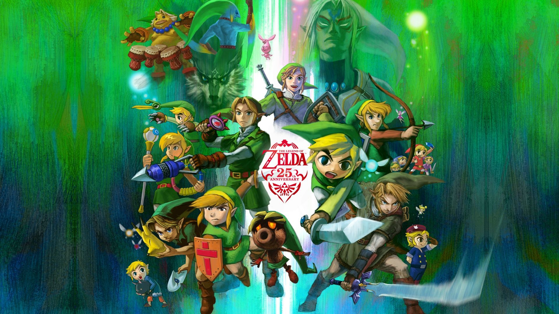 Commemorative artwork celebrating 25 years of The Legend of Zelda, showcasing various Link incarnations and iconic elements