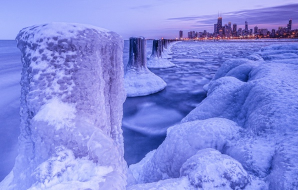 Wallpaper Chicago Night City Winter Ice Frost