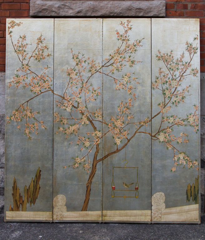 Beautiful Silver Leaf Chinoiserie Four Fold Screen at 1stdibs
