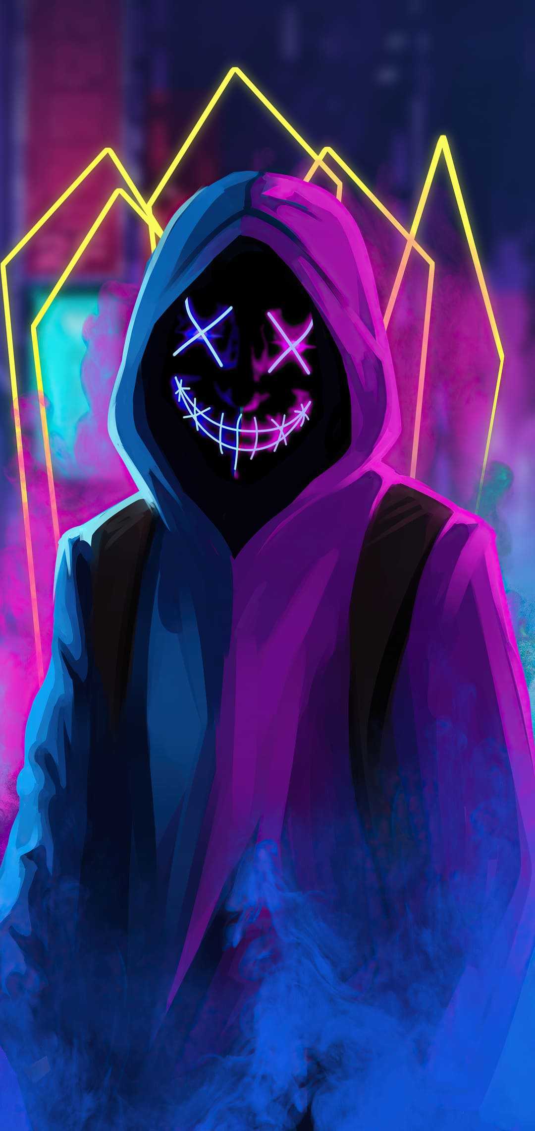 A cool and stylish boy wearing a neon-lit mask and hoodie, standing in a smoky, neon-lit environment. Perfect for a boys' wallpaper