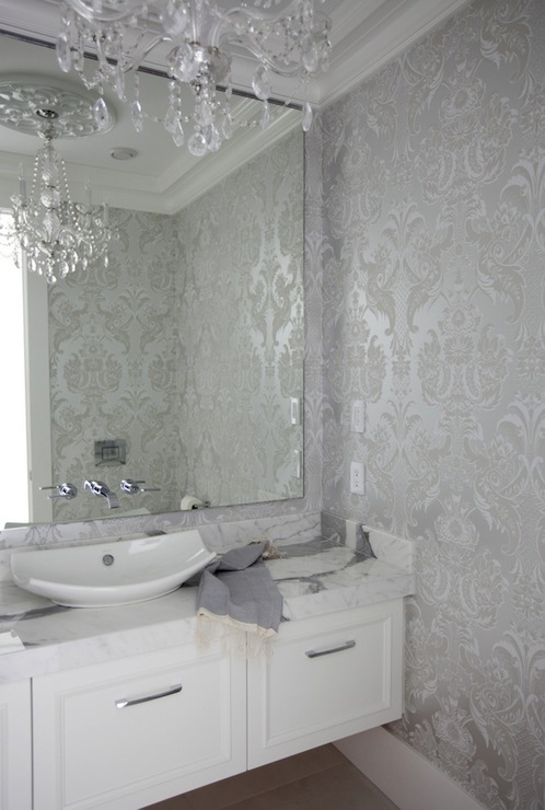 Silver And White Damask Wallpaper