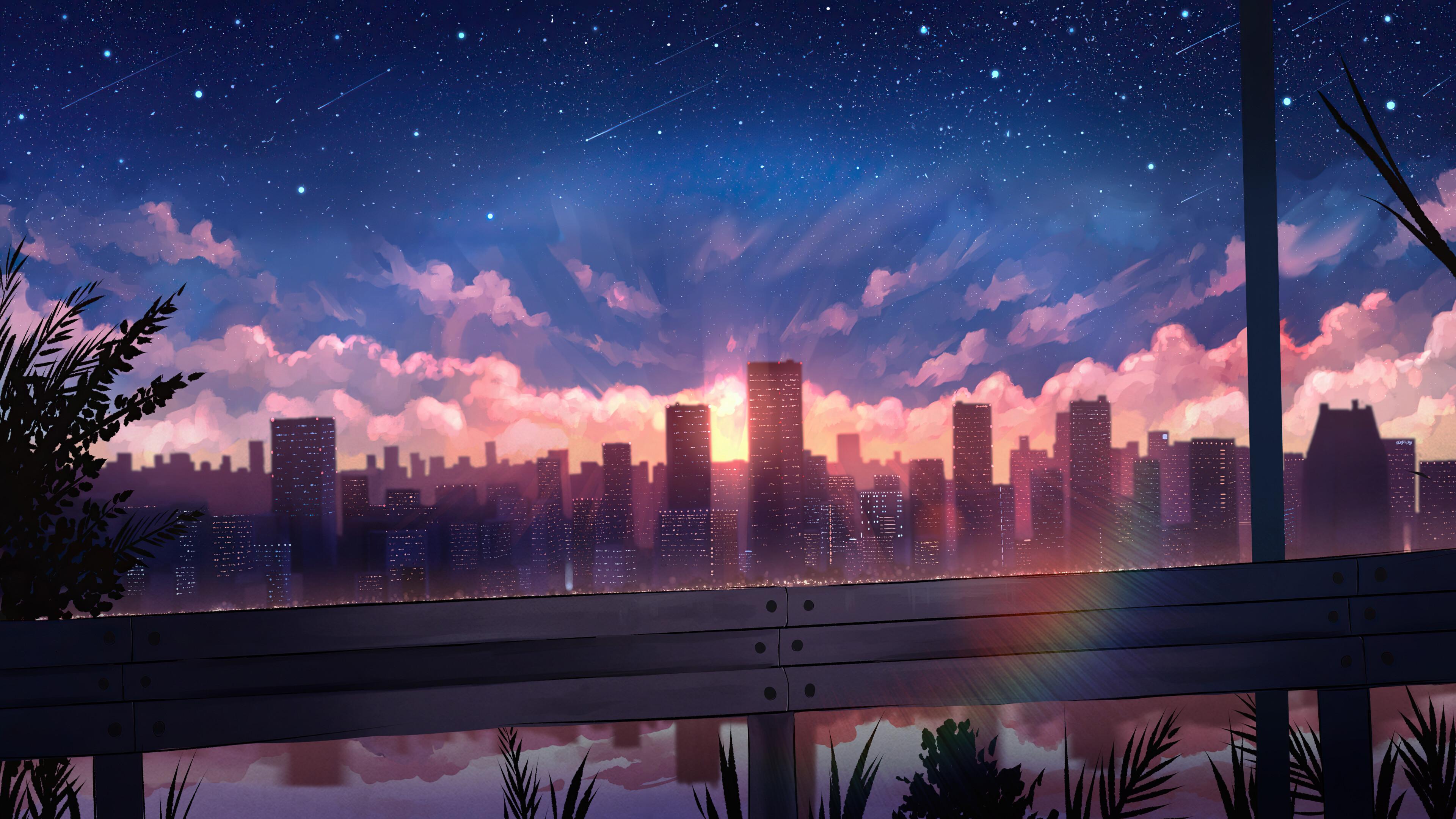 Anime City Sunset Scenery Buidings 4k Wallpaper