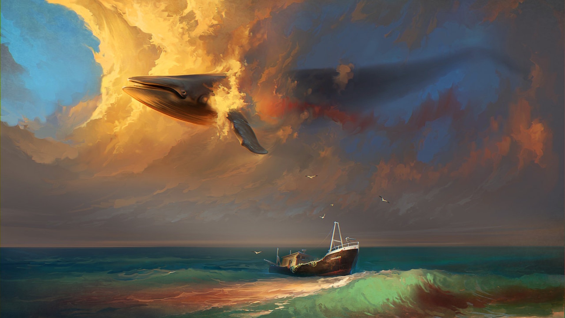 Wallpaper Art Sea Ship Whale Sky Surreal Clouds Seagulls Birds