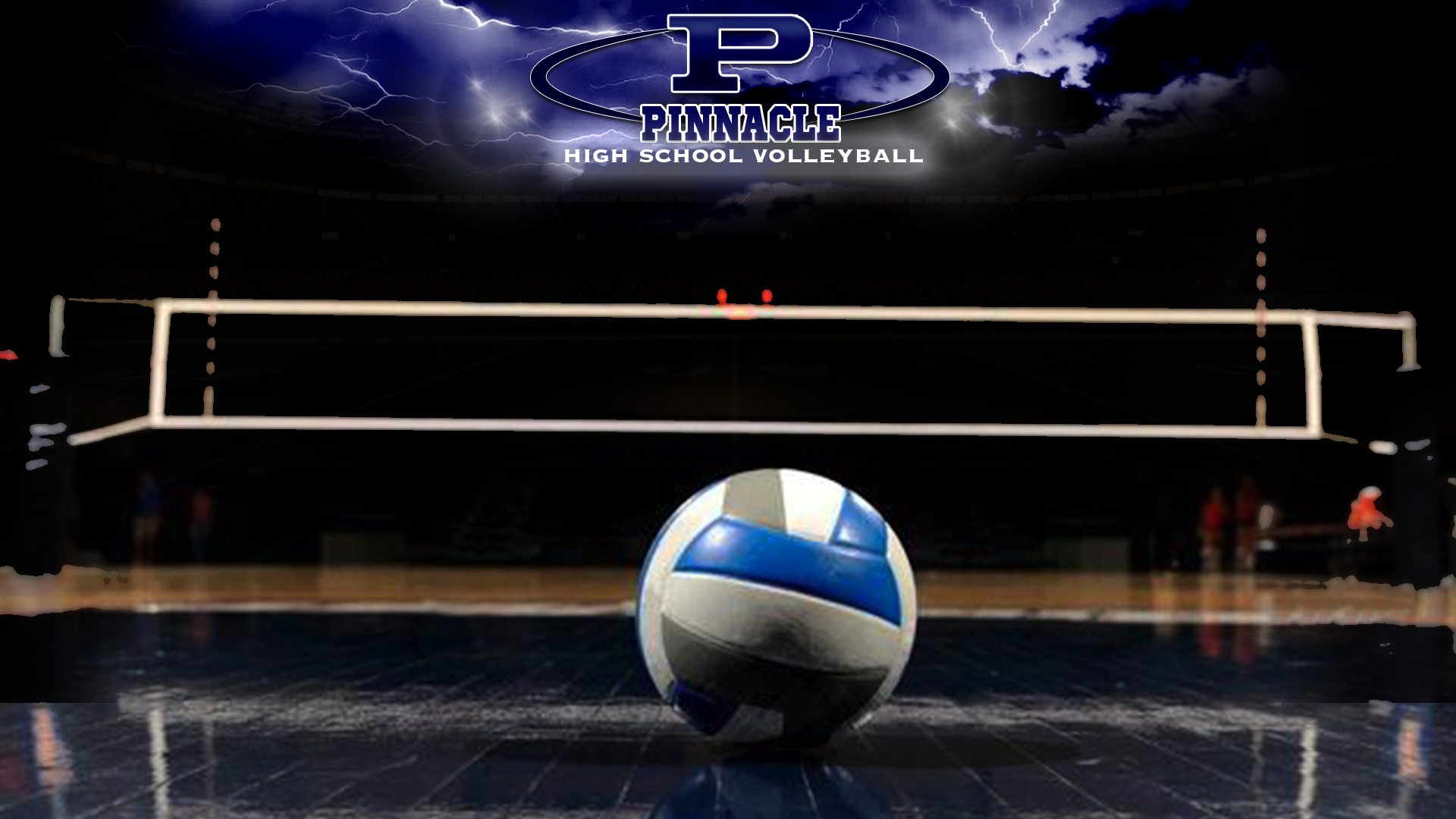 A volleyball sits on a glossy court beneath a net, ready for a game. The Pinnacle High School Volleyball logo hovers above, illuminated by dramatic lightning
