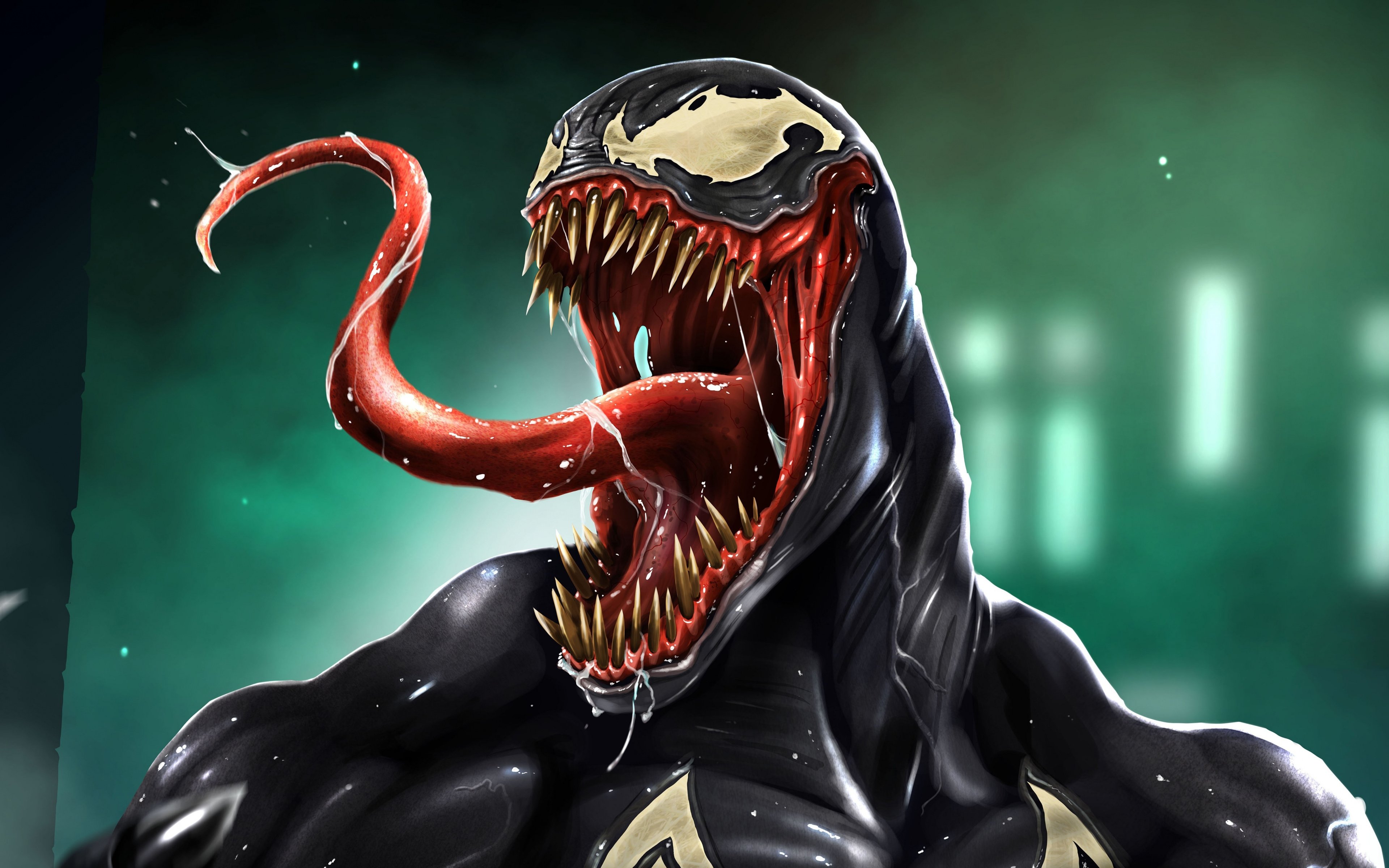 Close-up of Venom with tongue out, showcasing sharp teeth and symbiotic black suit