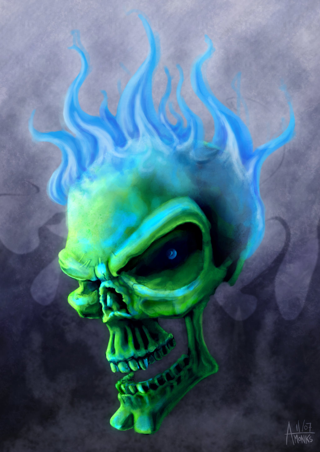Blue Flame Skull By Trickmonkeyart