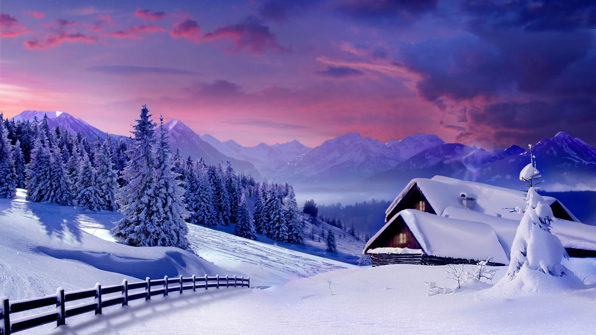 A cozy wooden cabin nestled in a snow-covered valley, surrounded by snow-dusted pine trees and majestic mountains, under a vibrant pink and purple winter sky