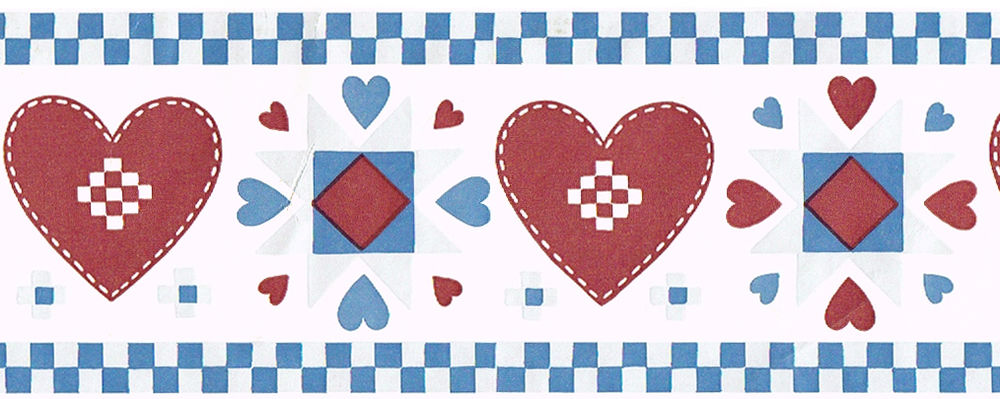 Quilt Patchwork Stich Red Hearts Blue White Check Wall Paper Border