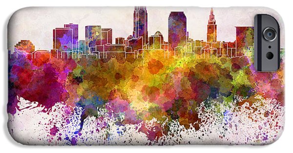 Ohio State Paintings iPhone Cases Cleveland Skyline In Watercolor
