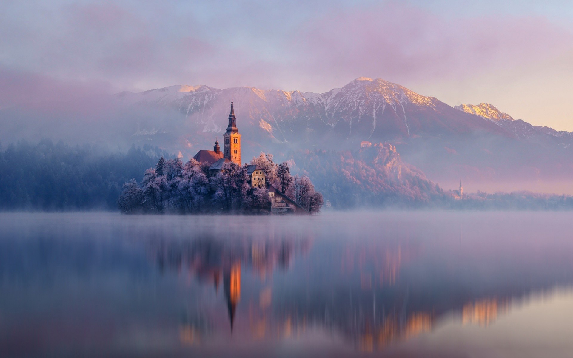 Lake Bled Island Church Mountains Mist Reflection Wallpaper HD