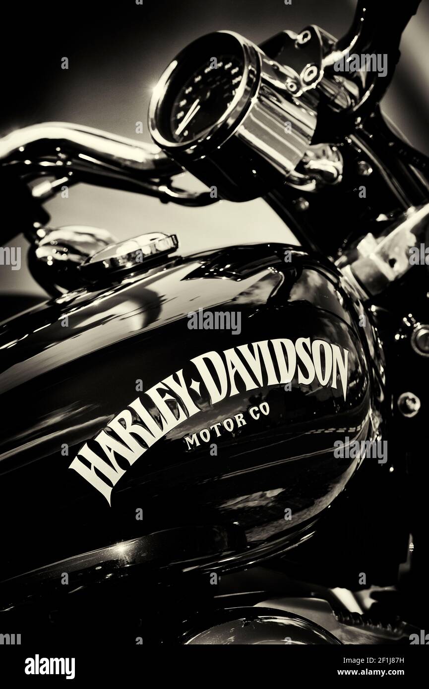 Harley Davidson Motorcycle Black And White Toned Stock Photo