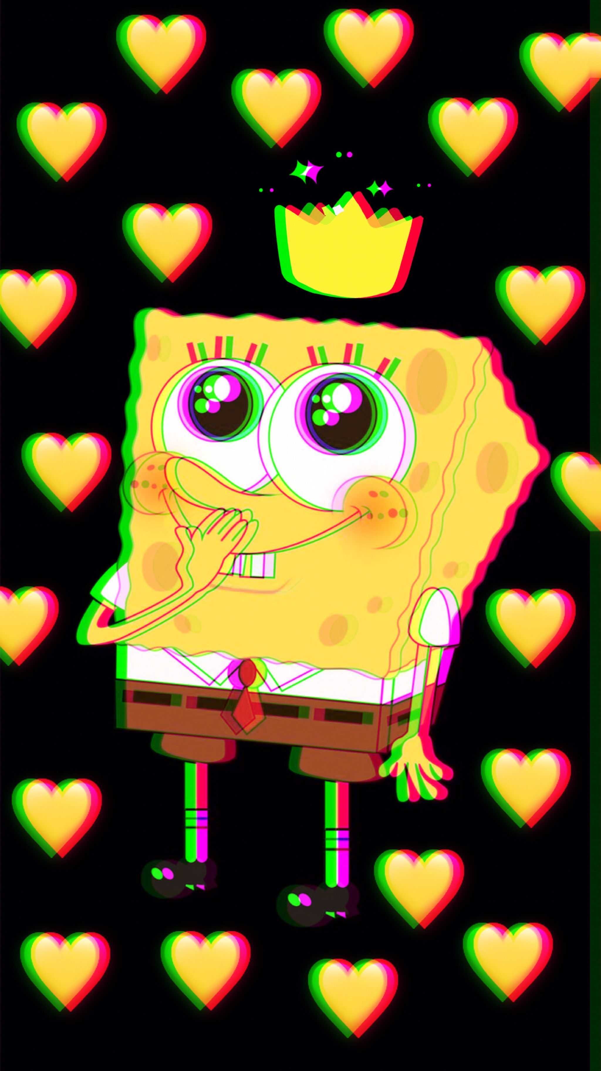 A vibrant, glitched image of Spongebob Squarepants on a black background with yellow hearts and a gold crown. Spongebob is shown with wide eyes and a shy expression