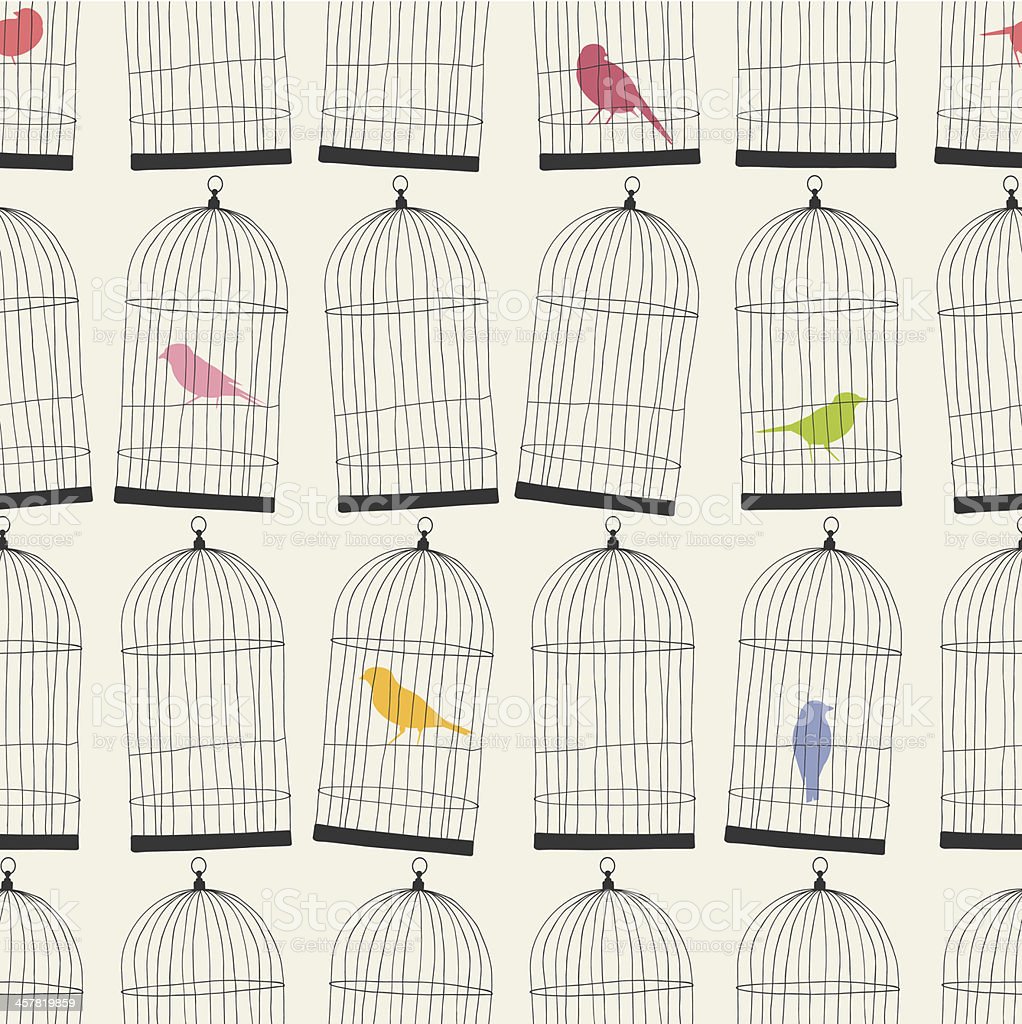 Seamless Birdcages And Colorful Birds Wallpaper Pattern Stock