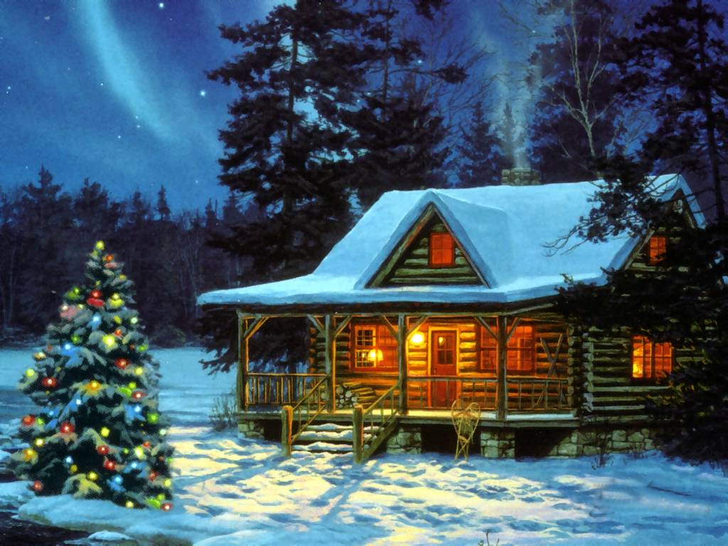 Christmas Cabin Landscapes Wallpaper Image