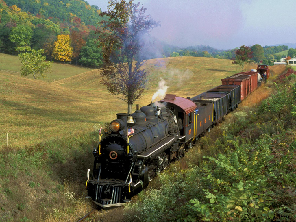 Black Steam Train At Railroad