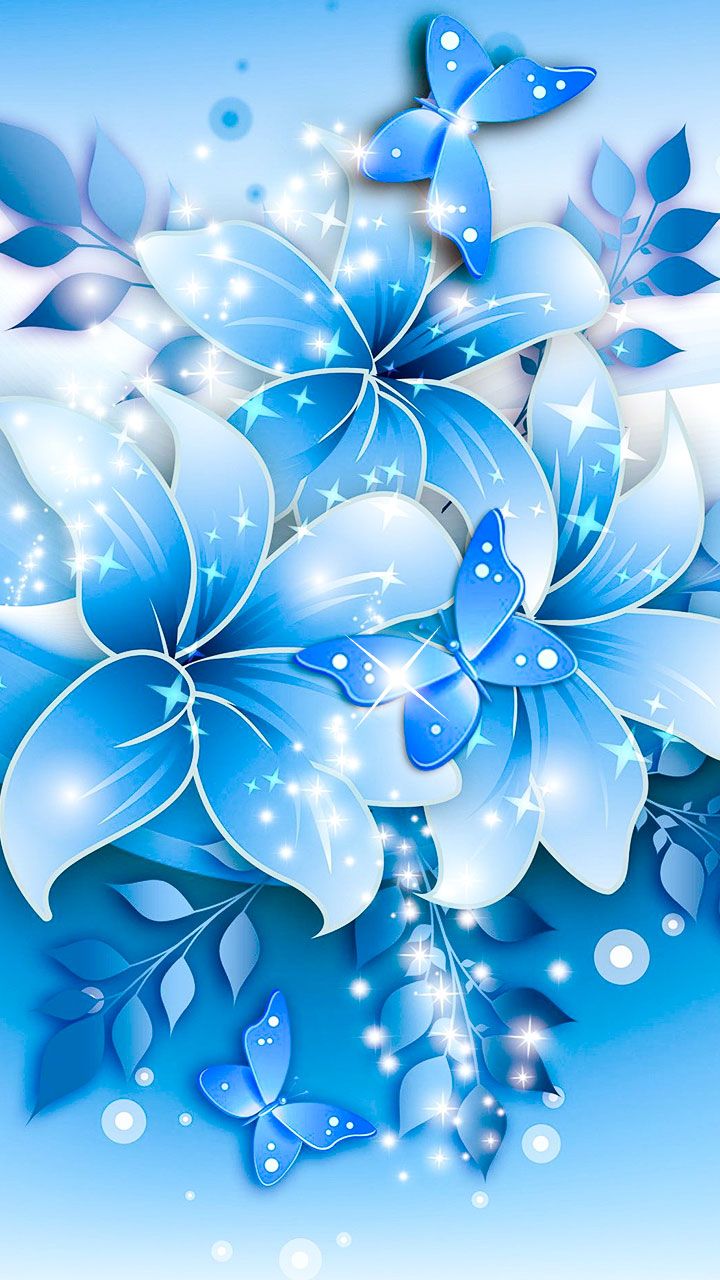 Blue Flower Wallpaper With Butterflies And Bubbles