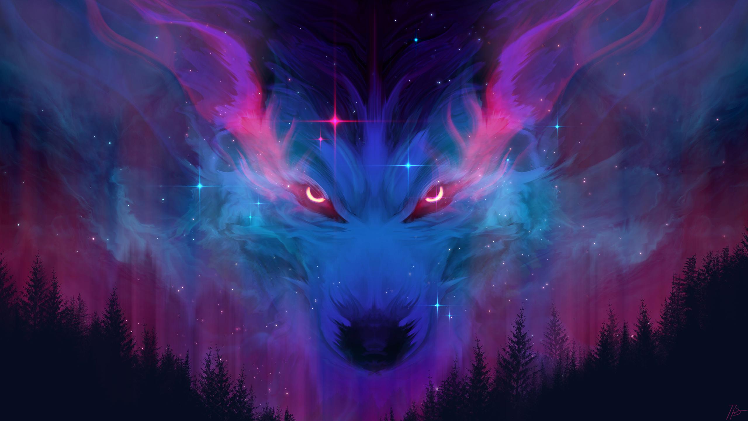 A majestic wolf's face emerges from a swirling nebula of pink and blue, stars twinkling around its ethereal form. Silhouetted pine trees frame the lower edge, adding a touch of earthly grounding to the cosmic scene