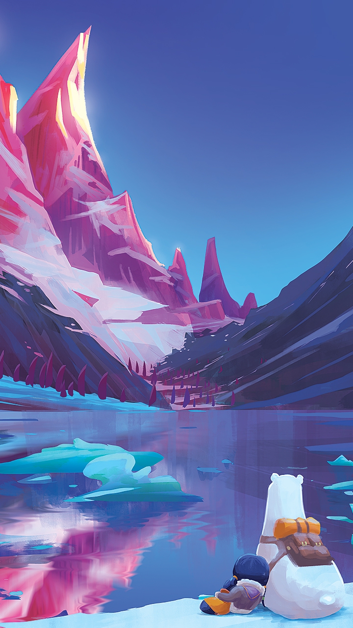 Cartoon Art Polar Bear Snow Mountain Lake iPhone Wallpaper