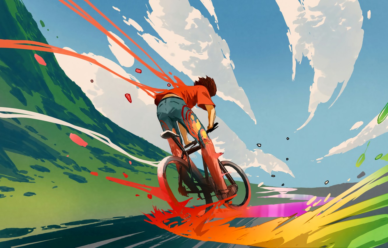 Wallpaper Fantasy Clouds Sky Digital Art Colors Bicycle Road